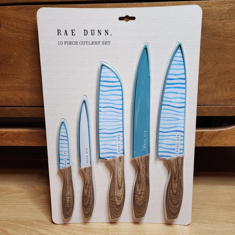New Rae Dunn Knife Set Blue Design Faux Wood Handles
